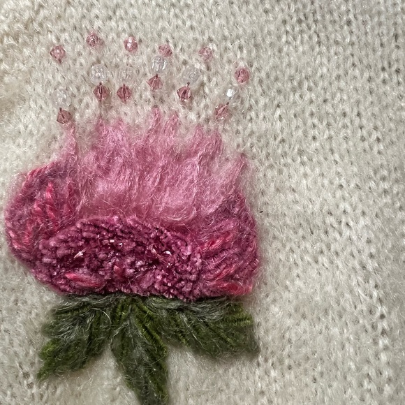 Jane Irwill Floral Embroidered Wool Sweater Medium Cream Knit Beaded Cotton - Picture 6 of 7